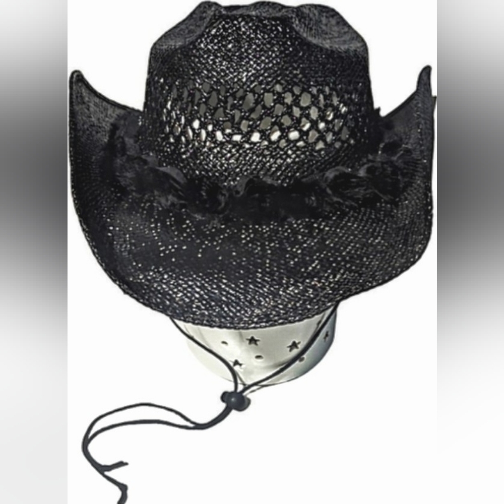 Custom Upcycled Black Lacquered Rosette Straw Cowboy Hat Mexico 22"